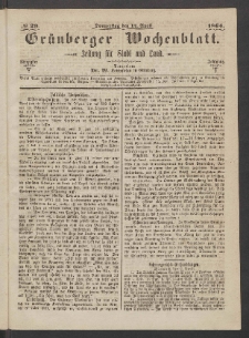 Gr&uuml;nberger Wochenblatt: Zeitung f&uuml;r Stadt und Land, No. 29. (14. April 1864)
