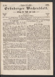 Gr&uuml;nberger Wochenblatt: Zeitung f&uuml;r Stadt und Land, No. 34. (1. Mai 1864)