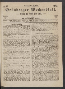 Gr&uuml;nberger Wochenblatt: Zeitung f&uuml;r Stadt und Land, No. 39. (18. Mai 1864)