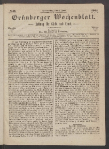 Gr&uuml;nberger Wochenblatt: Zeitung f&uuml;r Stadt und Land, No. 43. (2. Juni 1864)