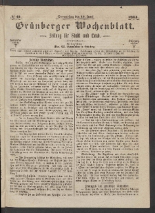 Gr&uuml;nberger Wochenblatt: Zeitung f&uuml;r Stadt und Land, No. 47. (16. Juni 1864)