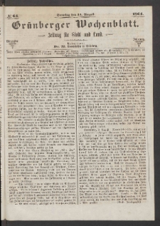 Gr&uuml;nberger Wochenblatt: Zeitung f&uuml;r Stadt und Land, No. 64. (14. August 1864)