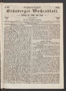 Grünberger Wochenblatt: Zeitung für Stadt und Land, No. 65. (18. August 1864)