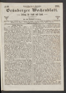 Gr&uuml;nberger Wochenblatt: Zeitung f&uuml;r Stadt und Land, No. 69. (1. September 1864)