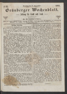 Gr&uuml;nberger Wochenblatt: Zeitung f&uuml;r Stadt und Land, No. 72. (11. September 1864)