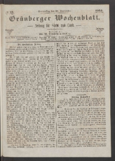 Gr&uuml;nberger Wochenblatt: Zeitung f&uuml;r Stadt und Land, No. 73. (15. September 1864)