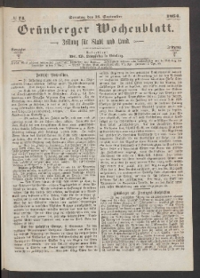Gr&uuml;nberger Wochenblatt: Zeitung f&uuml;r Stadt und Land, No. 74. (18. September 1864)