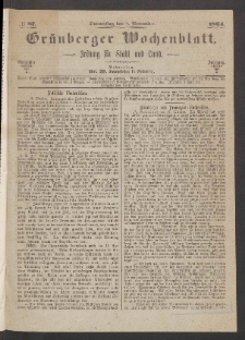 Gr&uuml;nberger Wochenblatt: Zeitung f&uuml;r Stadt und Land, No. 87. (3. November 1864)