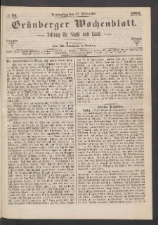 Gr&uuml;nberger Wochenblatt: Zeitung f&uuml;r Stadt und Land, No. 91. (17. November 1864)