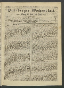 Gr&uuml;nberger Wochenblatt: Zeitung f&uuml;r Stadt und Land, No. 13. (16. Februar 1865)