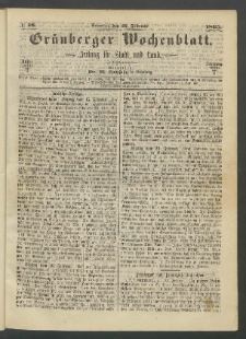 Gr&uuml;nberger Wochenblatt: Zeitung f&uuml;r Stadt und Land, No. 16. (26. Februar 1865)