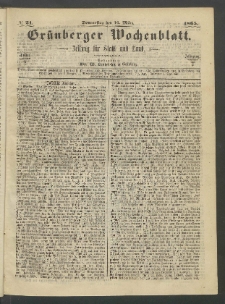 Grünberger Wochenblatt: Zeitung für Stadt und Land, No. 21. (16. März 1865)