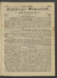 Gr&uuml;nberger Wochenblatt: Zeitung f&uuml;r Stadt und Land, No. 26. (2. April 1865)