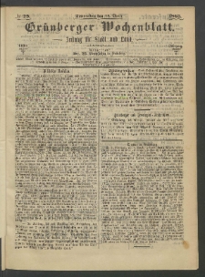 Grünberger Wochenblatt: Zeitung für Stadt und Land, No. 29. (13. April 1865)