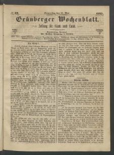 Grünberger Wochenblatt: Zeitung für Stadt und Land, No. 39. (18. Mai 1865)