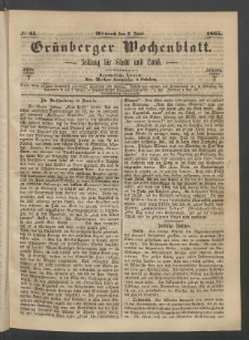 Grünberger Wochenblatt: Zeitung für Stadt und Land, No. 45. (7. Juni 1865)