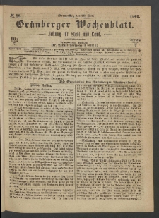 Gr&uuml;nberger Wochenblatt: Zeitung f&uuml;r Stadt und Land, No. 51. (29. Juni 1865)