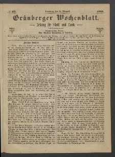 Grünberger Wochenblatt: Zeitung für Stadt und Land, No. 62. (6. August 1865)