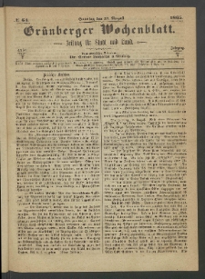Gr&uuml;nberger Wochenblatt: Zeitung f&uuml;r Stadt und Land, No. 64. (13. August 1865)