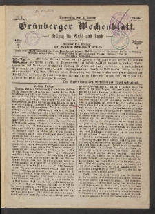 Gr&uuml;nberger Wochenblatt: Zeitung f&uuml;r Stadt und Land, No. 1. (4. Januar 1866)