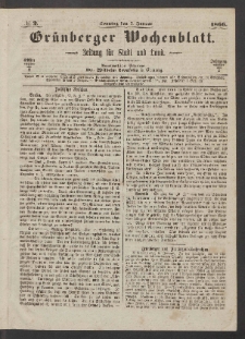 Gr&uuml;nberger Wochenblatt: Zeitung f&uuml;r Stadt und Land, No. 2. (7. Januar 1866)