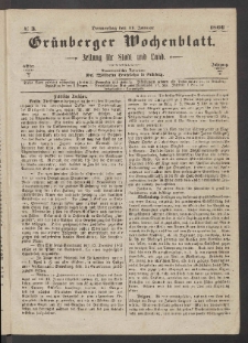 Gr&uuml;nberger Wochenblatt: Zeitung f&uuml;r Stadt und Land, No. 3. (11. Januar 1866)