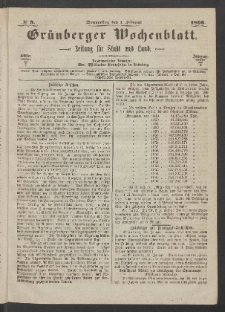 Gr&uuml;nberger Wochenblatt: Zeitung f&uuml;r Stadt und Land, No. 9. (1. Februar 1866)