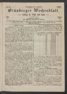 Grünberger Wochenblatt: Zeitung für Stadt und Land, No. 9. (1. Februar 1866)