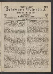 Gr&uuml;nberger Wochenblatt: Zeitung f&uuml;r Stadt und Land, No. 11. (8. Februar 1866)