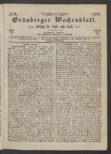 Grünberger Wochenblatt: Zeitung für Stadt und Land, No. 11. (8. Februar 1866)