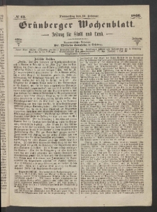 Gr&uuml;nberger Wochenblatt: Zeitung f&uuml;r Stadt und Land, No. 13. (15. Februar 1866)