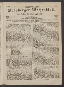 Gr&uuml;nberger Wochenblatt: Zeitung f&uuml;r Stadt und Land, No. 17. (1. M&auml;rz 1866)