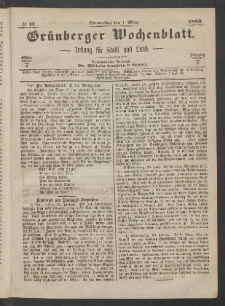 Grünberger Wochenblatt: Zeitung für Stadt und Land, No. 17. (1. März 1866)