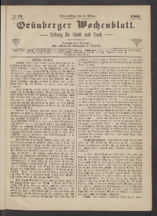Gr&uuml;nberger Wochenblatt: Zeitung f&uuml;r Stadt und Land, No. 19. (8. M&auml;rz 1866)