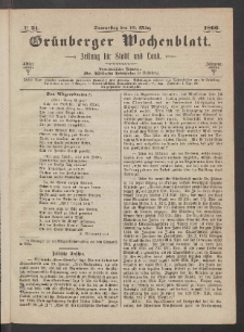 Gr&uuml;nberger Wochenblatt: Zeitung f&uuml;r Stadt und Land, No. 21. (15. M&auml;rz 1866)