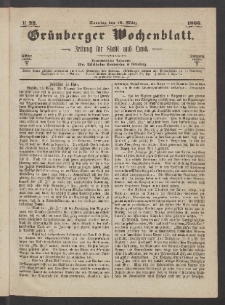 Gr&uuml;nberger Wochenblatt: Zeitung f&uuml;r Stadt und Land, No. 22. (18. M&auml;rz 1866)