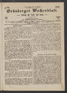Gr&uuml;nberger Wochenblatt: Zeitung f&uuml;r Stadt und Land, No. 23. (22. M&auml;rz 1866)