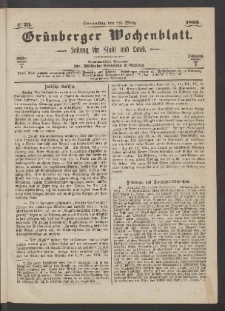 Grünberger Wochenblatt: Zeitung für Stadt und Land, No. 23. (22. März 1866)