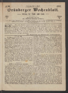 Gr&uuml;nberger Wochenblatt: Zeitung f&uuml;r Stadt und Land, No. 26. (1. April 1866)