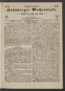 Gr&uuml;nberger Wochenblatt: Zeitung f&uuml;r Stadt und Land, No. 27. (5. April 1866)