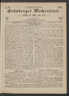 Gr&uuml;nberger Wochenblatt: Zeitung f&uuml;r Stadt und Land, No. 29. (12. April 1866)