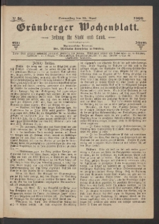 Gr&uuml;nberger Wochenblatt: Zeitung f&uuml;r Stadt und Land, No. 31. (19. April 1866)