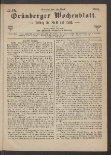 Gr&uuml;nberger Wochenblatt: Zeitung f&uuml;r Stadt und Land, No. 32. (22. April 1866)