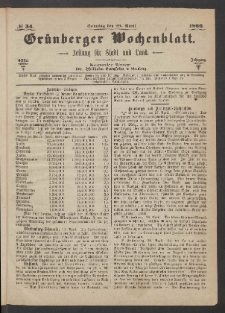 Gr&uuml;nberger Wochenblatt: Zeitung f&uuml;r Stadt und Land, No. 34. (29. April 1866)