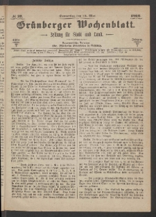 Gr&uuml;nberger Wochenblatt: Zeitung f&uuml;r Stadt und Land, No. 37. (10. Mai 1866)