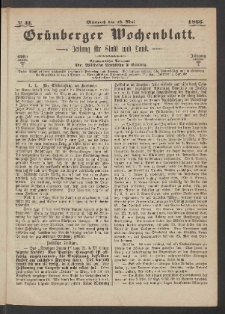 Gr&uuml;nberger Wochenblatt: Zeitung f&uuml;r Stadt und Land, No. 41. (23. Mai 1866)