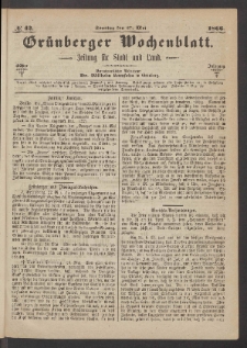 Gr&uuml;nberger Wochenblatt: Zeitung f&uuml;r Stadt und Land, No. 42. (27. Mai 1866)