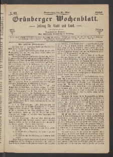 Gr&uuml;nberger Wochenblatt: Zeitung f&uuml;r Stadt und Land, No. 43. (31. Mai 1866)