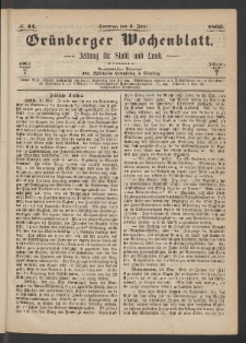 Gr&uuml;nberger Wochenblatt: Zeitung f&uuml;r Stadt und Land, No. 44. (3. Juni 1866)