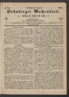 Gr&uuml;nberger Wochenblatt: Zeitung f&uuml;r Stadt und Land, No. 45. (7. Juni 1866)